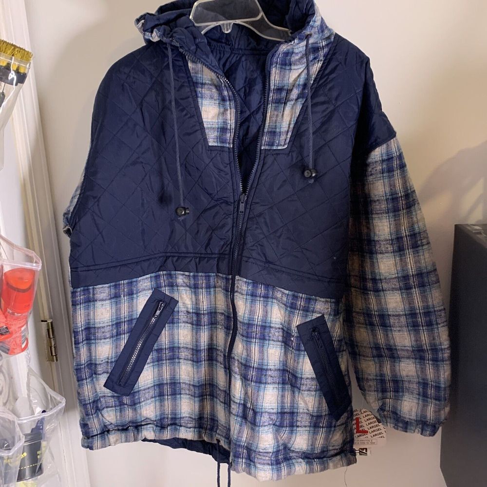 in Croud Celebration Reversible Jacket Sz‎ L Navy With Blue Plaid Quilted